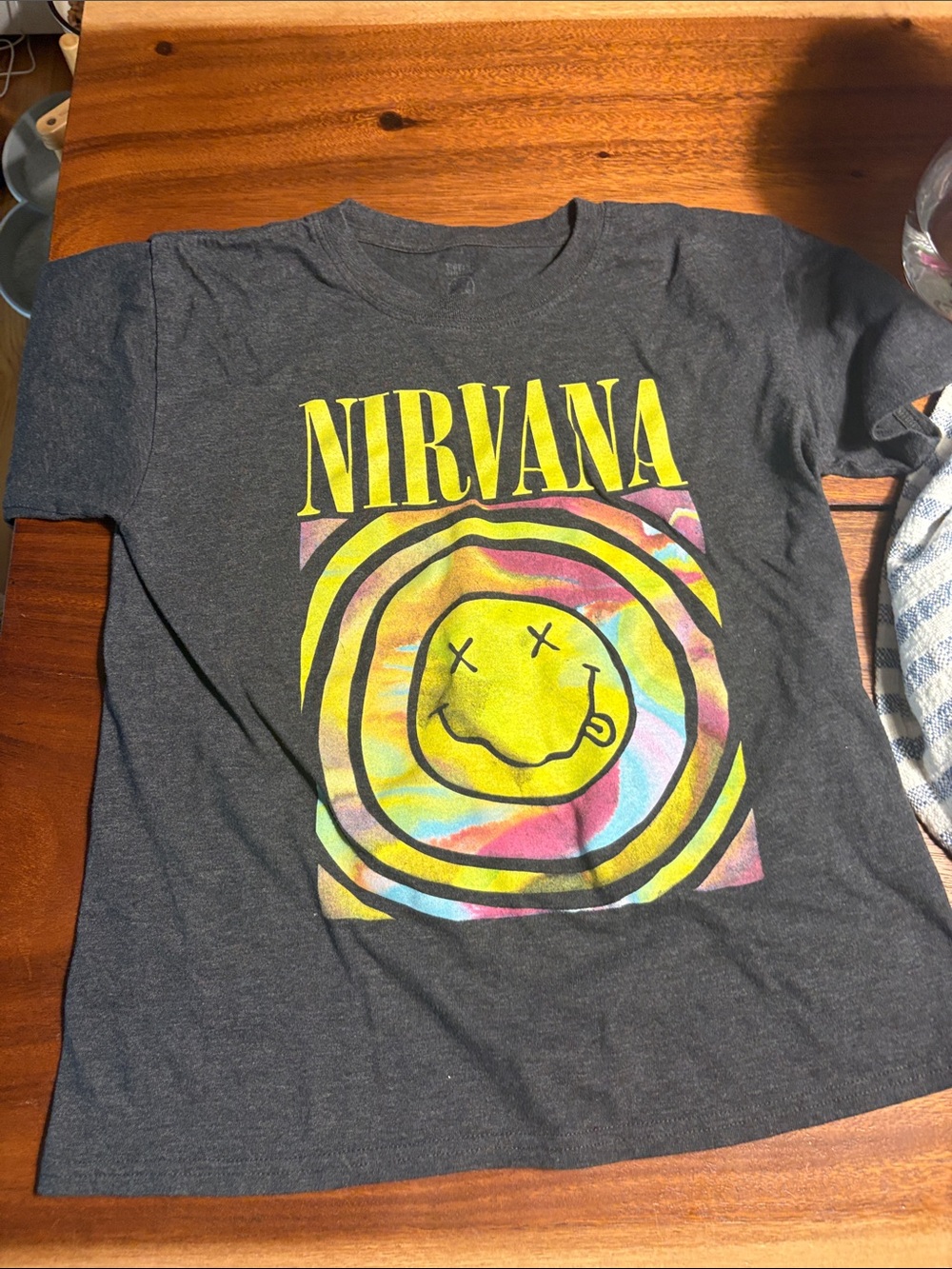 NIRVANA Women Charcoal Tee with Yellow Smiley and Multicolor Swirl